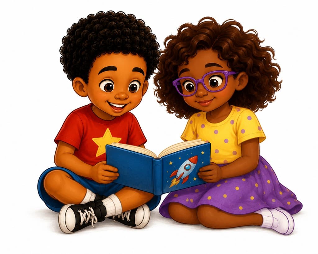 Two children sitting together and reading a picture book