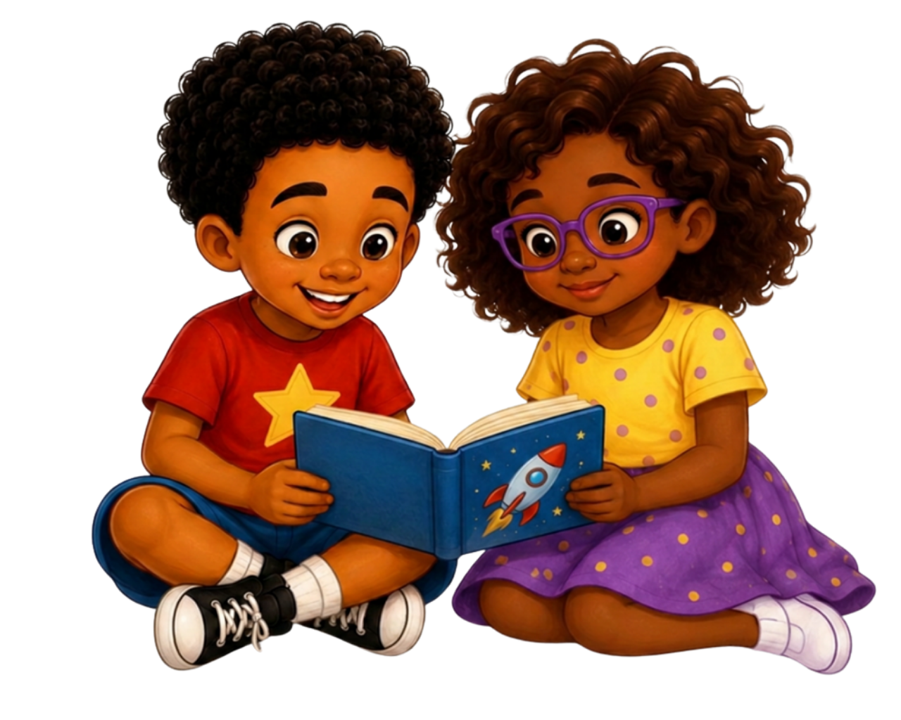 AJ and Amara sitting together and reading a picture book